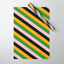 [ Thumbnail: Orange, Forest Green, Pink & Black Colored Lined Pattern Wrapping Paper ]