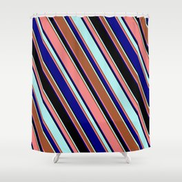 [ Thumbnail: Eyecatching Turquoise, Sienna, Light Coral, Blue, and Black Colored Lined Pattern Shower Curtain ]