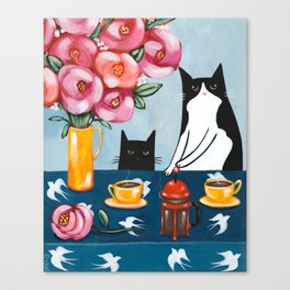 Cats and French Press Coffee Canvas Print