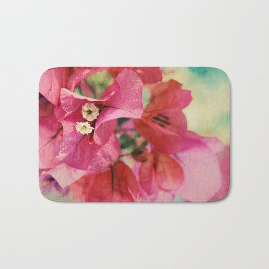 Vintage Bougainvillea Flowers in pink & green with textures Bath Mat