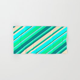 [ Thumbnail: Green, Dark Cyan, Bisque, and Aqua Colored Pattern of Stripes Hand & Bath Towel ]