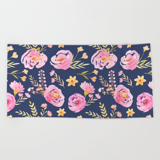 Delicate Poppy Pattern Blue Beach Towel