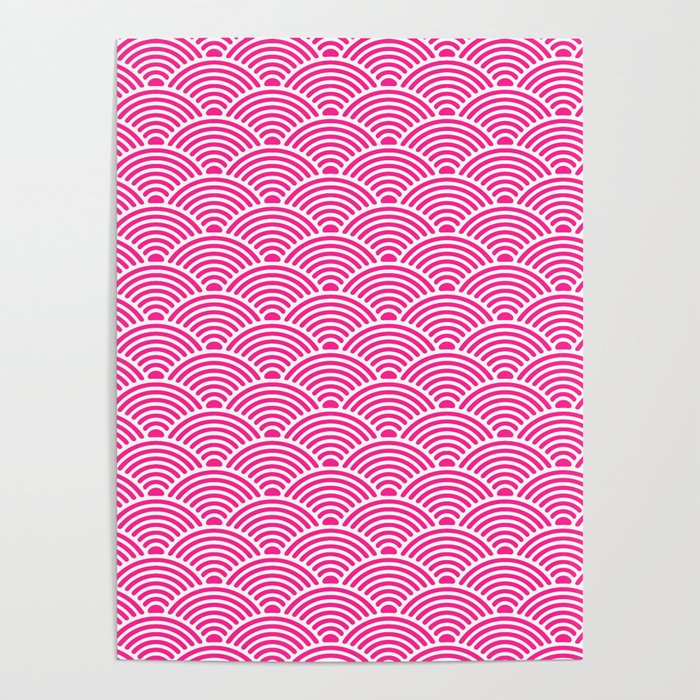 Japanese Waves (White & Dark Pink Pattern) Poster