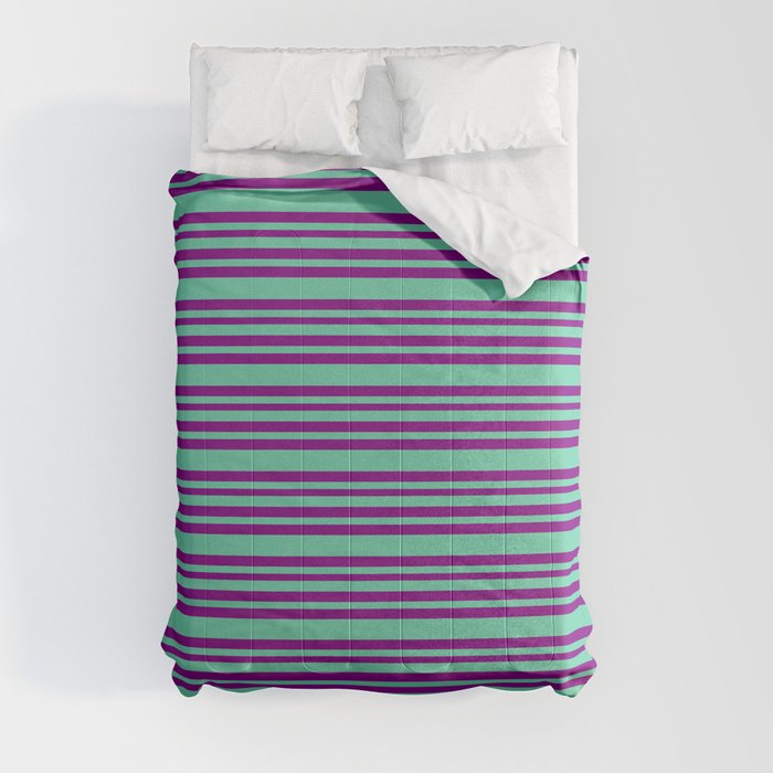 Aquamarine & Purple Colored Striped/Lined Pattern Comforter