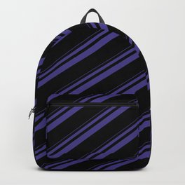 [ Thumbnail: Dark Slate Blue and Black Colored Striped Pattern Backpack ]