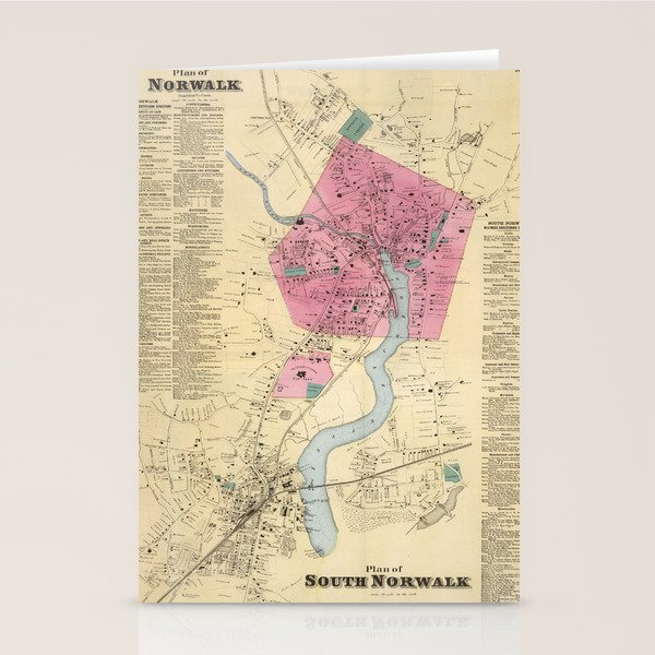 Vintage Map of Norwalk CT (1867) Stationery Cards by BravuraMedia