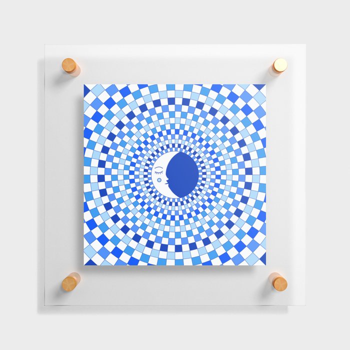 Checkered Moon with Blue Rays Floating Acrylic Print