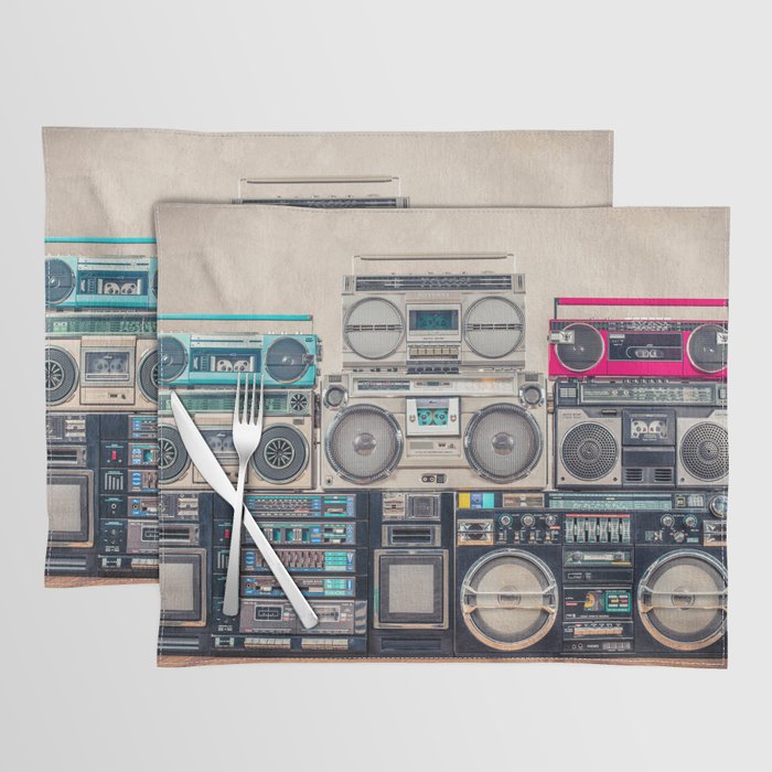 Retro old school design ghetto blaster stereo radio cassette tape recorders boombox tower from circa 1980s front concrete wall background. Vintage style filtered photo Placemat