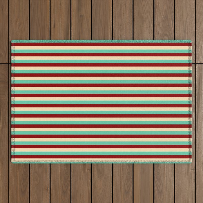 Aquamarine, Dark Red & Beige Striped/Lined Pattern Outdoor Rug