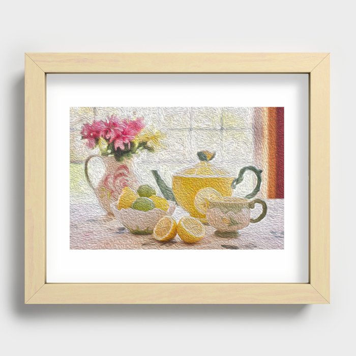 lemon vase flower cup of tea oil painting still life art print food painting kitchen art Recessed Framed Print