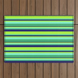 [ Thumbnail: Aquamarine, Sea Green, Midnight Blue & Light Green Colored Stripes Pattern Outdoor Rug ]