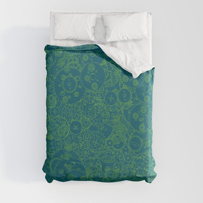 Clockwork Turquoise & Lime / Cogs and clockwork parts lineart pattern Duvet Cover
