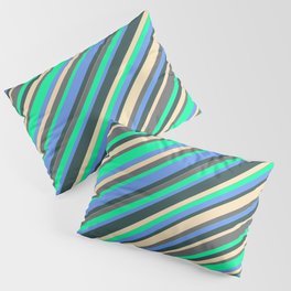 [ Thumbnail: Vibrant Tan, Dim Gray, Green, Cornflower Blue, and Dark Slate Gray Colored Lines/Stripes Pattern Pillow Sham ]