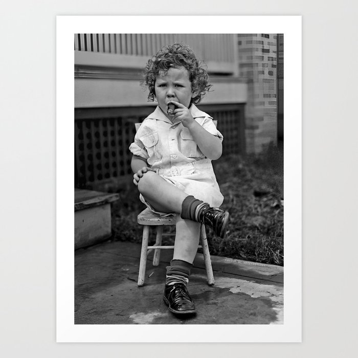Revenge is a dish best served cold (and with a cigar) 1920's three-year-old smoking cigar funny black and white photograph - photography - photographs Art Print