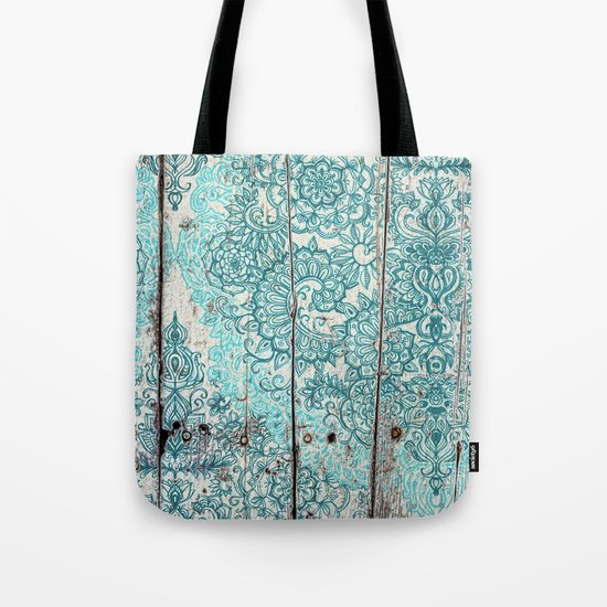 Teal & Aqua Botanical Doodle on Weathered Wood Tote Bag