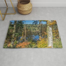 Lake in French forest Rug | Photo, Yellow, Forest, Woods, Bluesky, Orange, Europe, Fall, Green, Outdoors 