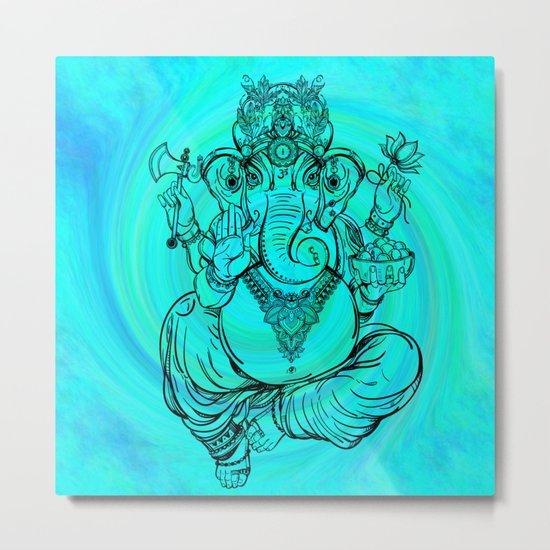 Lord Ganesha on Aqua Spiral Metal Print