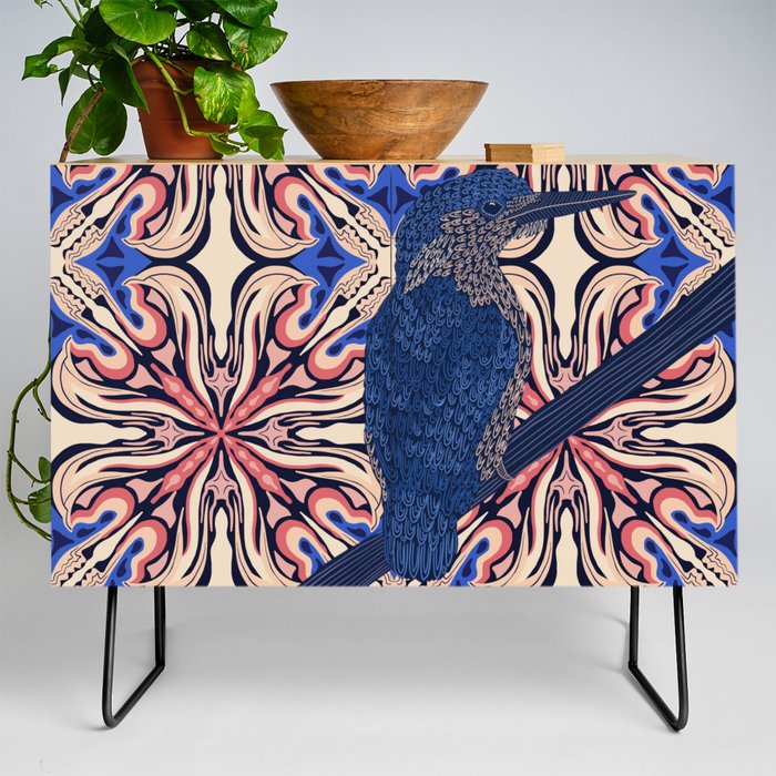 Gorgeous Kingfisher sitting on branch with patterned background Credenza