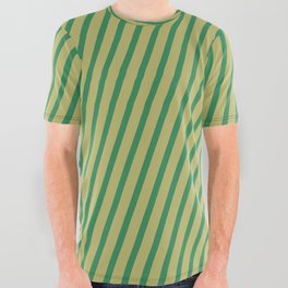 [ Thumbnail: Dark Khaki and Sea Green Colored Lines Pattern All Over Graphic Tee ]