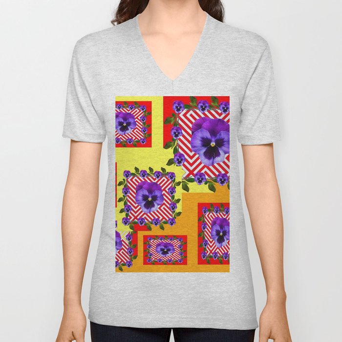 RED & PURPLE PANSIES YELLOW-ORANGE ABSTRACT V Neck T Shirt