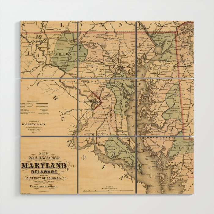 Vintage Maryland Railroad Map (1876) Wood Wall Art