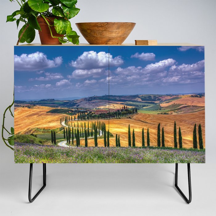 Cypress trees and meadow with typical tuscan house Credenza