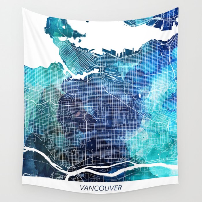 Vancouver Canada Map Navy Blue Turquoise Watercolor Wall Tapestry