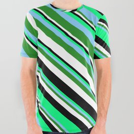 [ Thumbnail: Eyecatching Green, Light Sky Blue, Forest Green, White, and Black Colored Lines Pattern All Over Graphic Tee ]