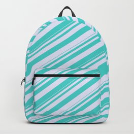 [ Thumbnail: Turquoise & Lavender Colored Lined/Striped Pattern Backpack ]