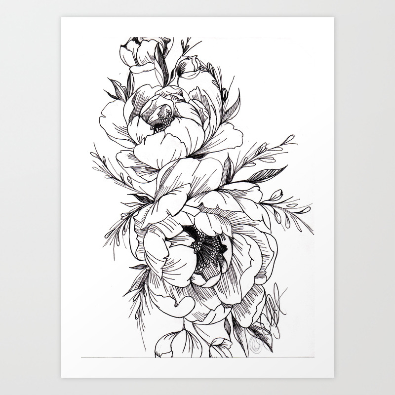 Peony Flowers Floral Art Minimalist Wall Art Ink Art Print By