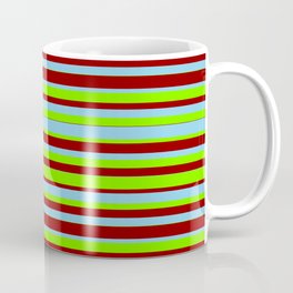 [ Thumbnail: Sky Blue, Green & Dark Red Colored Lined Pattern Coffee Mug ]