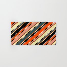 [ Thumbnail: Vibrant Dark Salmon, Dark Slate Gray, Red, Pale Goldenrod, and Black Colored Lines/Stripes Pattern Hand & Bath Towel ]