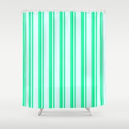 [ Thumbnail: Green & Light Cyan Colored Lines Pattern Shower Curtain ]
