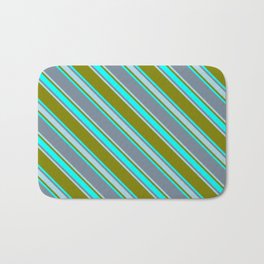[ Thumbnail: Green, Cyan, Light Slate Gray & Light Blue Colored Stripes Pattern Bath Mat ]