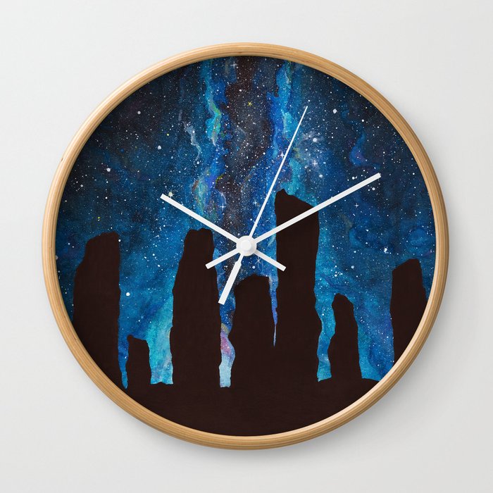 Outlander Craigh Na Dun Standing Stones Watercolor Painting with milky way galaxy Wall Clock