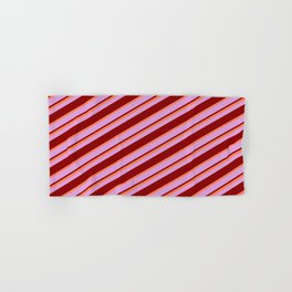 [ Thumbnail: Coral, Plum & Dark Red Colored Striped Pattern Hand & Bath Towel ]