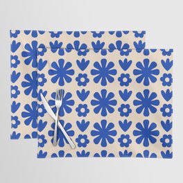 Scandi Floral Grid Retro Flower Pattern Bright Blue and Cream Placemat
