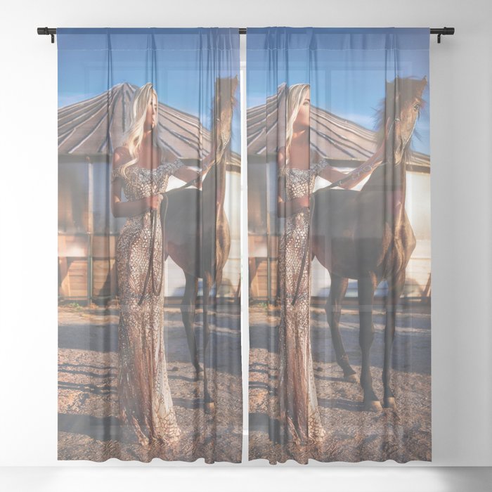 Lord of the manor; blond with horse magical realism female portrait color photograph / photography Sheer Curtain