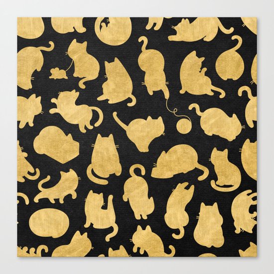 Gold on Black Kitty Pattern Canvas Print