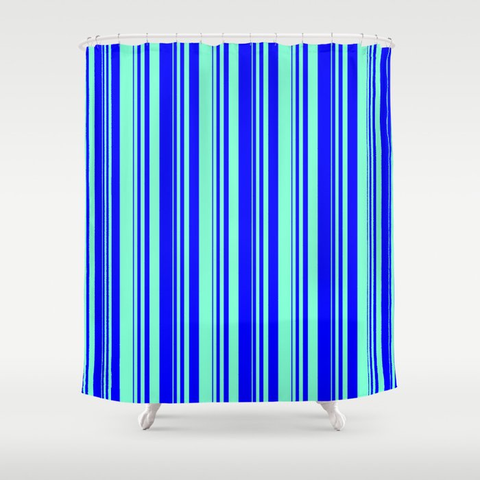 Blue & Aquamarine Colored Striped Pattern Shower Curtain
