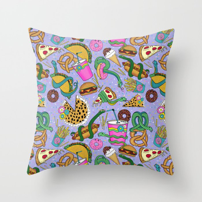 Food Court Finders Keepers Snakes in a Mall Fast Food Junk Food Pattern - Purple Throw Pillow