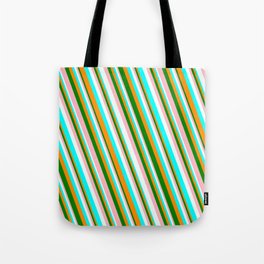 [ Thumbnail: Vibrant Dark Orange, Green, Light Pink, Mint Cream, and Aqua Colored Striped/Lined Pattern Tote Bag ]