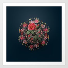 Vintage Apothecary Rose Flower Wreath on Teal Blue Art Print