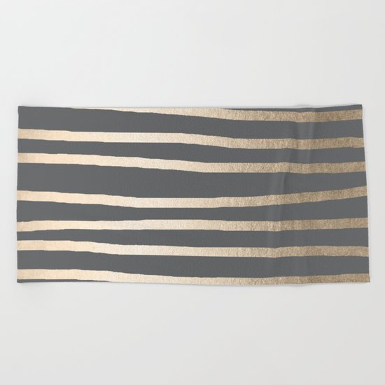 Simply Drawn Stripes White Gold Sands on Storm Gray Beach Towel