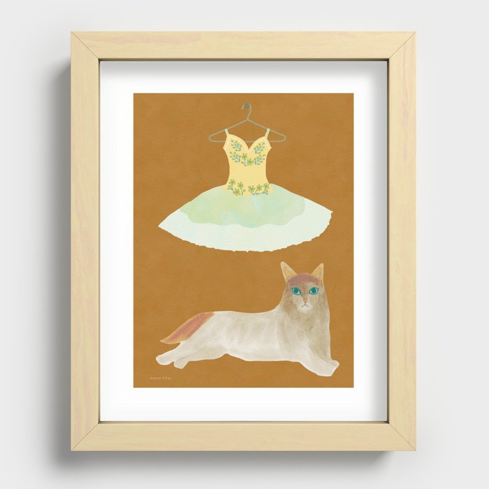Cat and Ballet Tutu - Green and Yellow and Ochre Recessed Framed Print