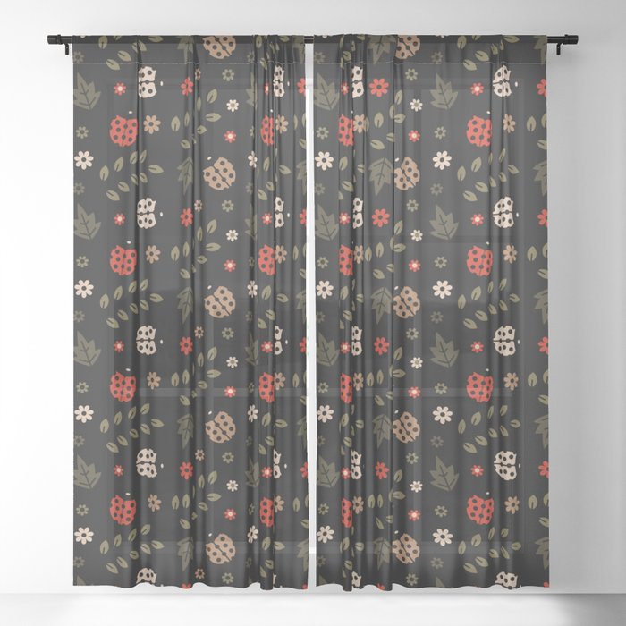 Ladybug and Floral Seamless Pattern on Black Background  Sheer Curtain