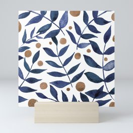 Watercolor berries and branches - indigo and beige Mini Art Print