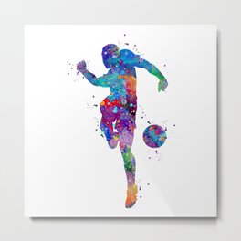 Boy Soccer Player Sports Gift Colorful Blue Purple Watercolor Art Football Player Gift Metal Print