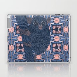 Cute Bush baby sitting on tree stump with pink and blue patterned background Laptop Skin