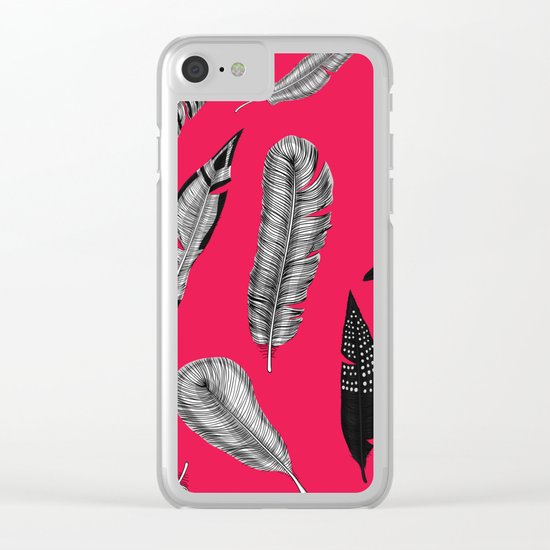 Seamless pattern with various hand drawn feathers on red background. Clear iPhone Case